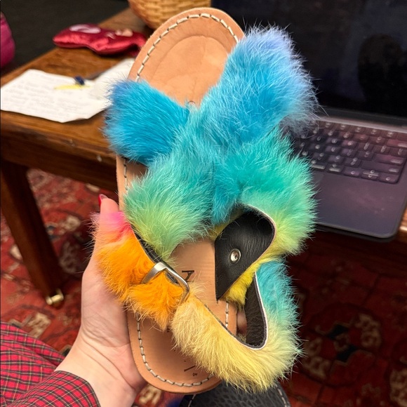 Colorful Rabbit Fur & Leather Sandals - Picture 3 of 6